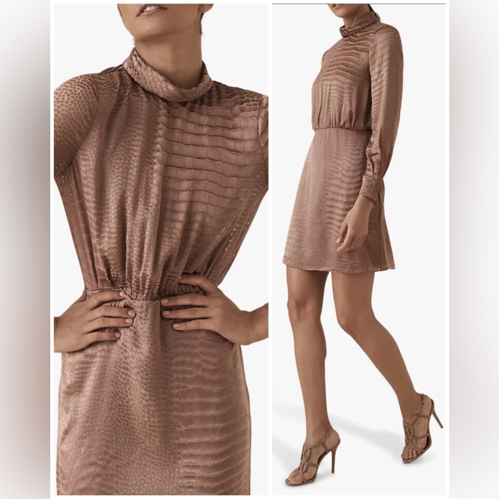 Reiss Emma Silk Velvet Burnout Snakeskin Mock Neck Long Sleeve Dress Sz‎ 4